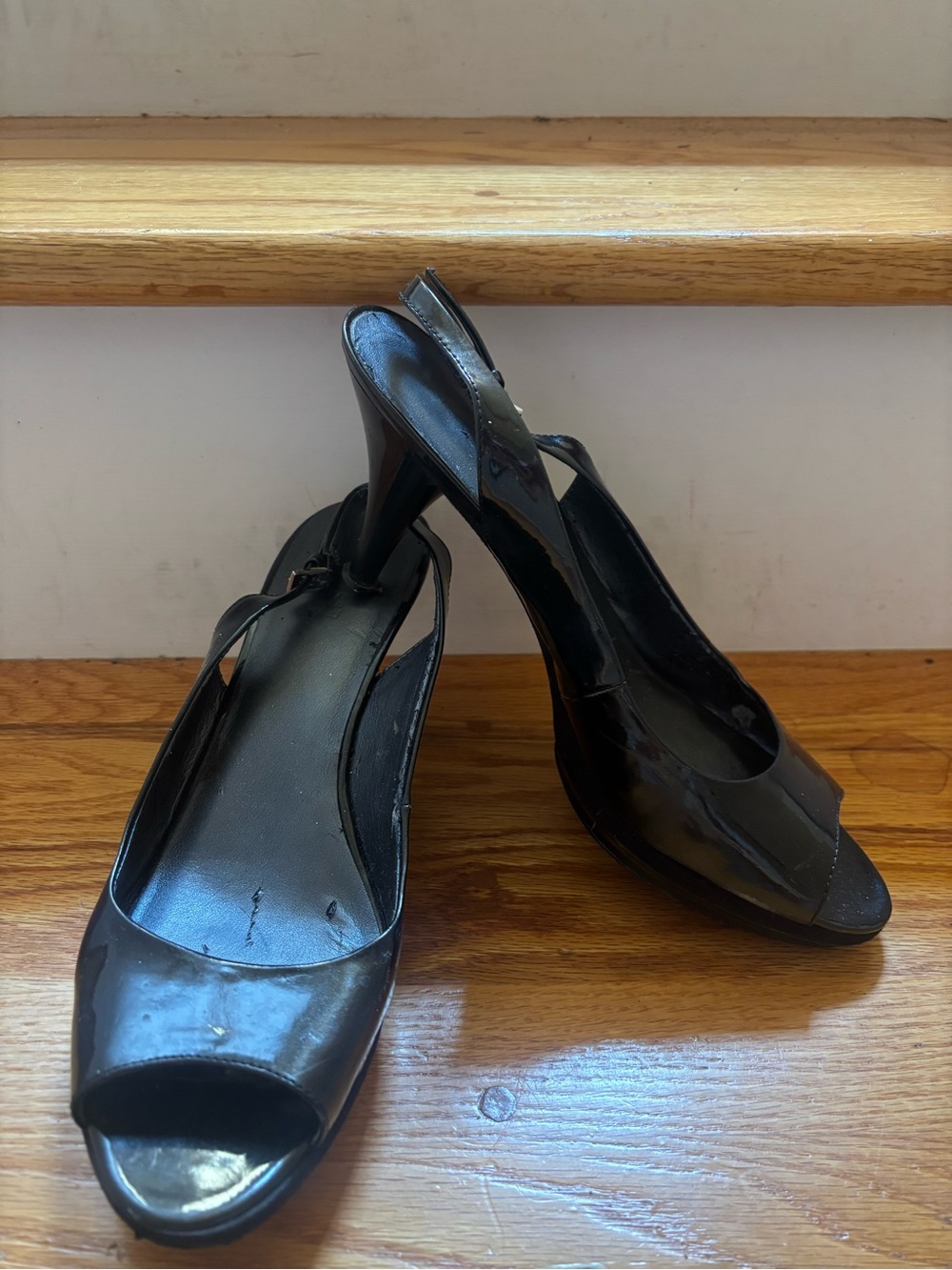 Nine West Black Patent Peep-Toe Slingback Heels